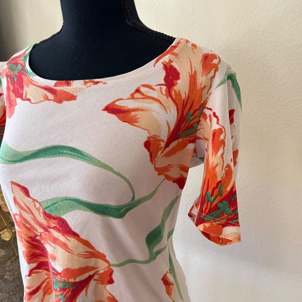 Y2K Vintage St. John’s Bay Orange & White Floral Top 100% Cotton Tailored Waist - Picture 2 of 8